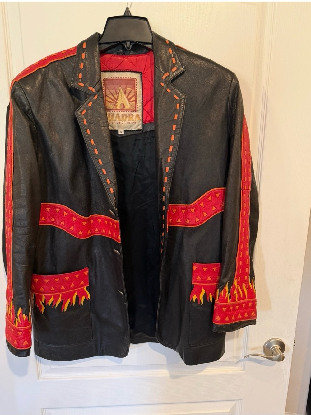 Cuadra Collection mens leather jacket appliqué/embroidered sun-and-flame small